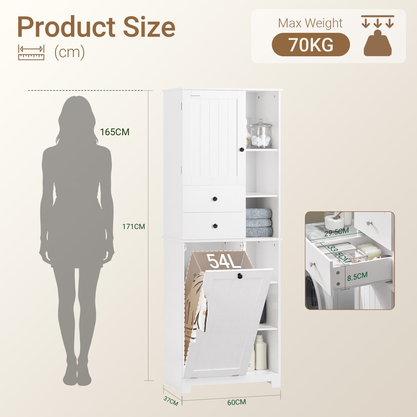 SoBuy Hochschrank BZR104, Badezimmerschrank, 4-in-1 Badkommode, Aufbewahrungsschrank Wäscheschrank, offenen Fächern, mit Wäschekorb, Schrank für Badezimmer – Bild 5 von 5