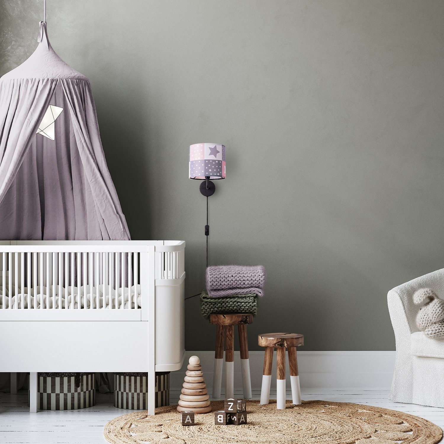 Paco Home Wandleuchte Cosmo 345, ohne Leuchtmittel, Kinderlampe Wandlampe Schalter Ø 18cm Sterne Punkte Kabellänge 3m E14