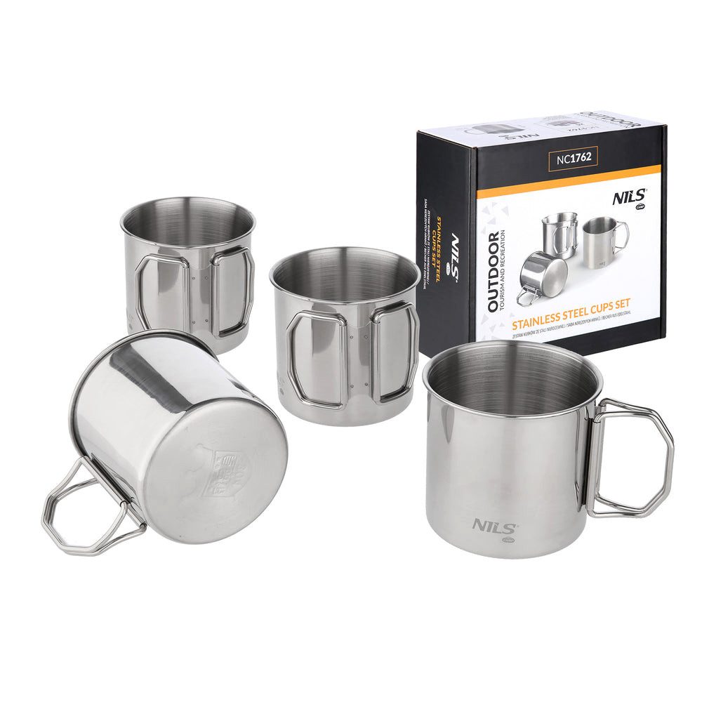 NILS CAMP Becher Campingbecher Edelstahlbecher, 4-tlg., Edelstahl, faltbare Griffe, leicht, rostfrei, 300 ml