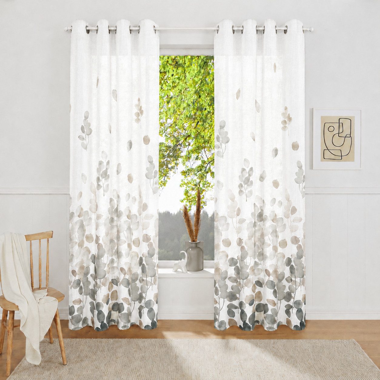 OTTO home Gardine Reeffa (1 St), Ösen, halbtransparent, Polyester, Blätter, Leinenoptik, leichter Lichtschutz, halbtransparent