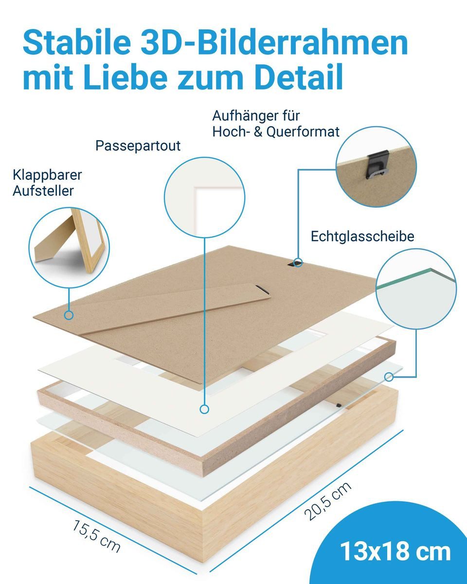 PHOTOLINI Bilderrahmen 3D-Objektrahmen zum Befüllen mit Passepartout und Glasscheibe, für 1 Bilder (1 Einzelrahmen), Rahmen 13x18 cm für Objekte bis 1,5 cm Tief – Bild 3 von 5