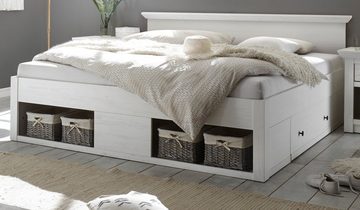 Furn.Design Bettgestell Hooge (Doppelbett in Pinie weiß gekälkt, Liegefläche 180 x 200 cm), inklusive 2x Bettschubkasten