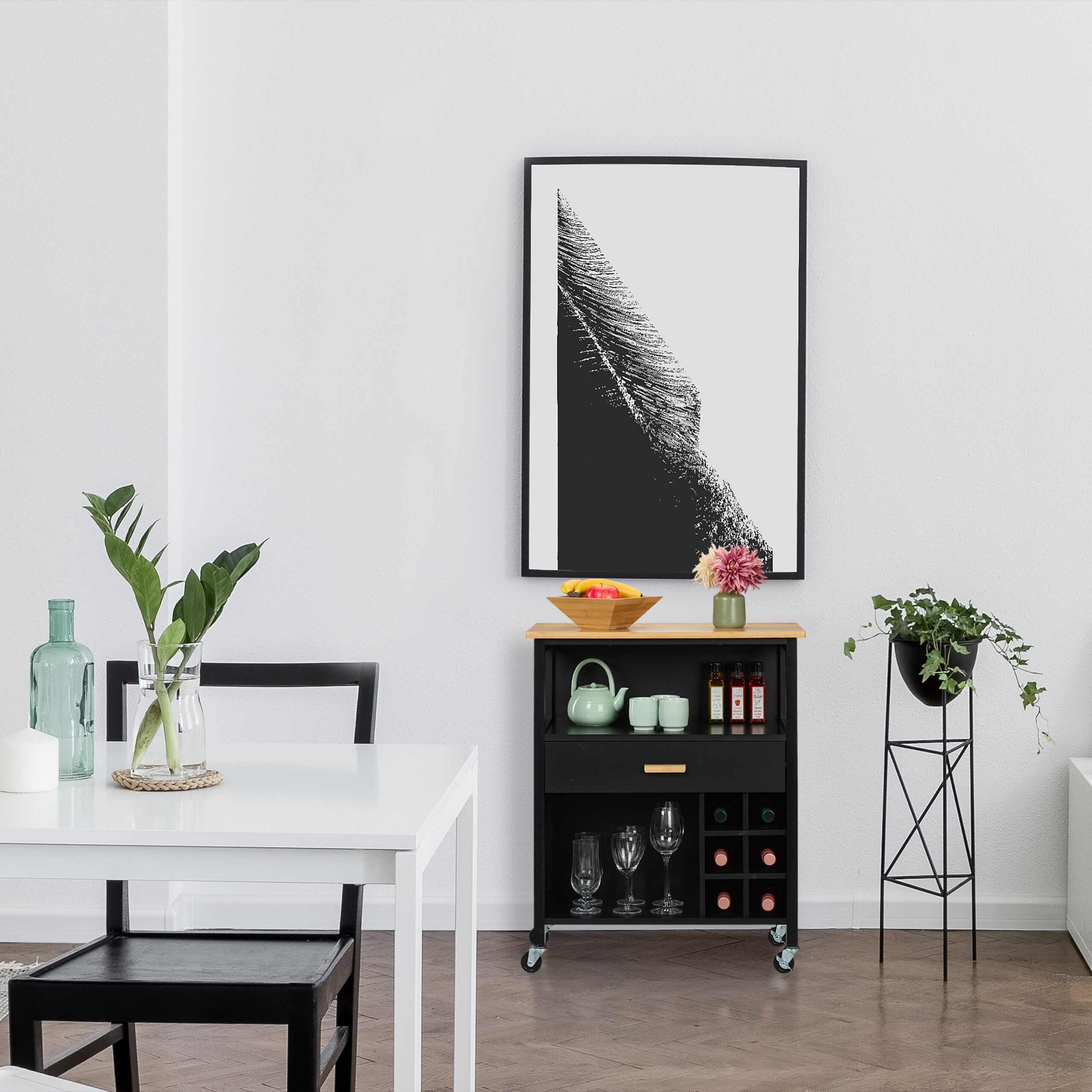 relaxdays Küchenwagen mit Weinregal & Schublade, weiß