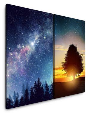 Sinus Art Leinwandbild 2 Bilder je 60x90cm Sterne Sternenhimmel Sommernacht Baum Milchstraße Tannenwald Träumerisch