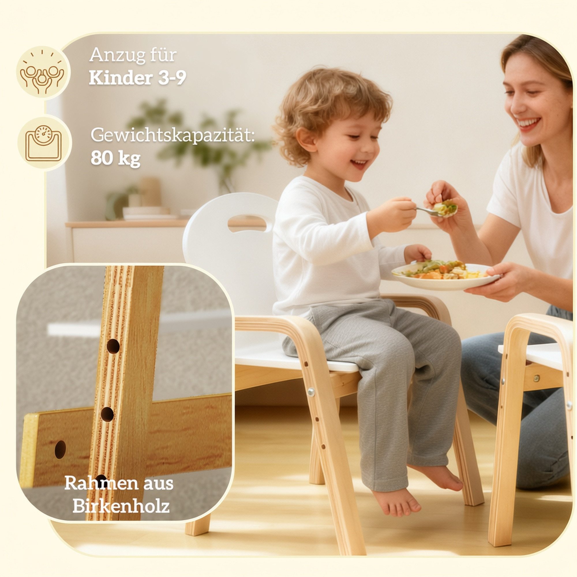 AIYAPLAY Kinderstuhl Kinderstühle mit Rückenlehne Kinderschreibtischstuhl für 3-9 Jahre (Holzstuhl, 2 St), Höhenverstellbar, stapelbar, Weiß – Bild 4 von 5