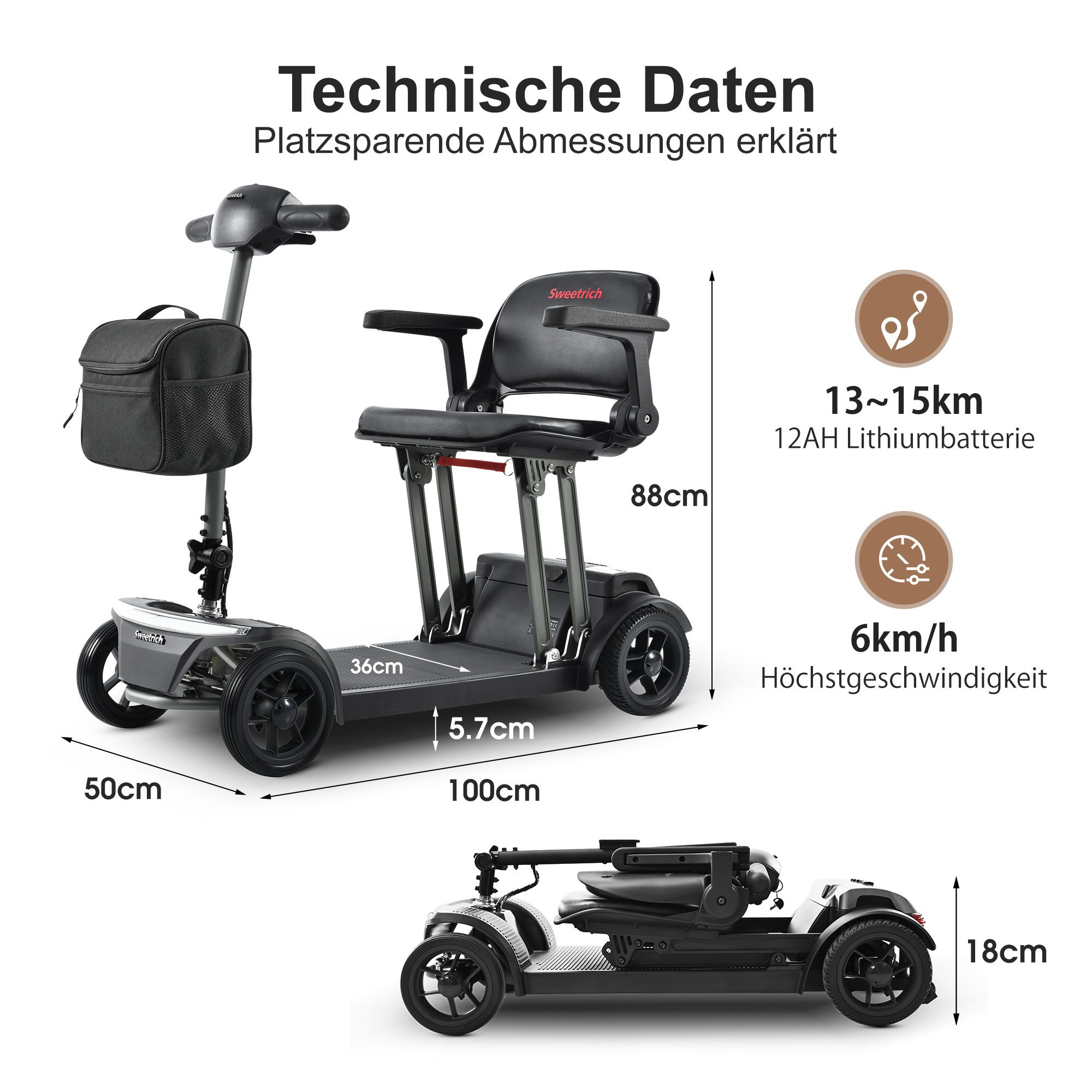 LVHOM Elektromobil Leichtes Elektromobil/Seniorenmobil mit Klappsitz(Reichweite: 25 km), (1-Sek. Klappsitz, Flugzeug-taugl. Akku (20Ah), LED-Beleuchtung, bürstenloser Motor, elektromagn. Bremse, 8-Zoll-Vollreifen, verstellbarer Lenker, USB-Anschluss), Ideal für Einkäufe, Spazierfahrten oder als praktische Reisbegleitung