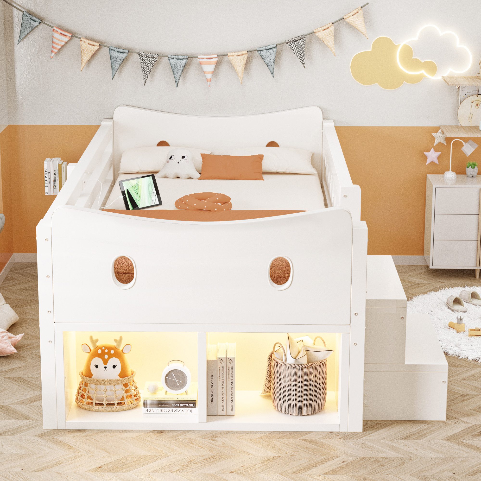 Merax Kinderbett 90×200cm mit LED-Beleuchtung und USB- & Typ-C-Anschluss (1-tlg., Einzelbett Hausbett aus Kiefernholz), Jugendbett mit 4 Schubladen, Sicherheits – Bild 2 von 5