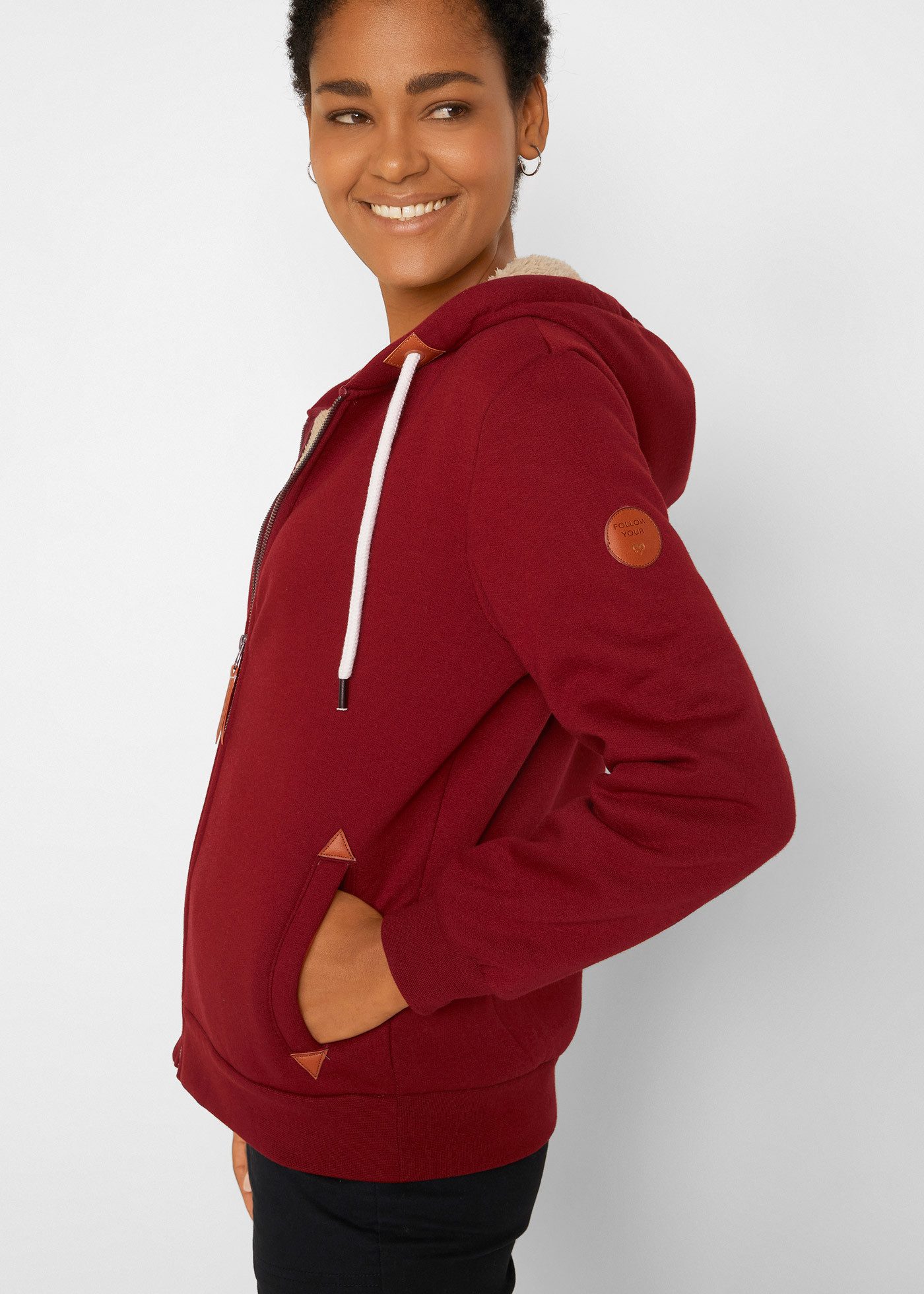 bonprix Kapuzensweatjacke mit kontrastfarbenem Teddyfutter und Eingrifftasc günstig online kaufen