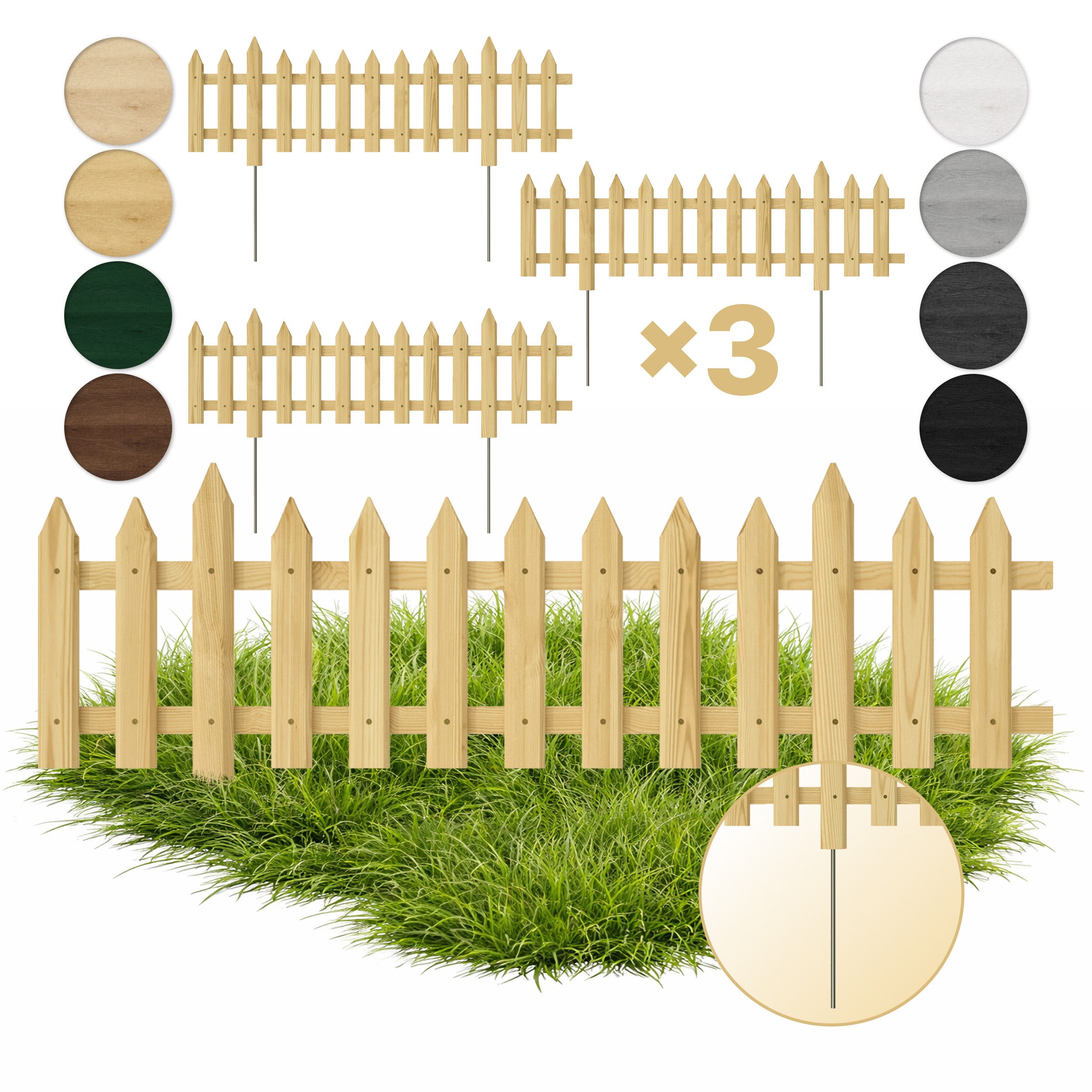 Floranica Zierzaun Vorgartenzaun Steckzaun Gartenzaun Zierzaun Lattenzaun Friesenzaun, (20 x 100 cm, 3-St., Natur), Blummen Beeten Zaun aus Holz mit Metalpfosten, Beetabgrenzung