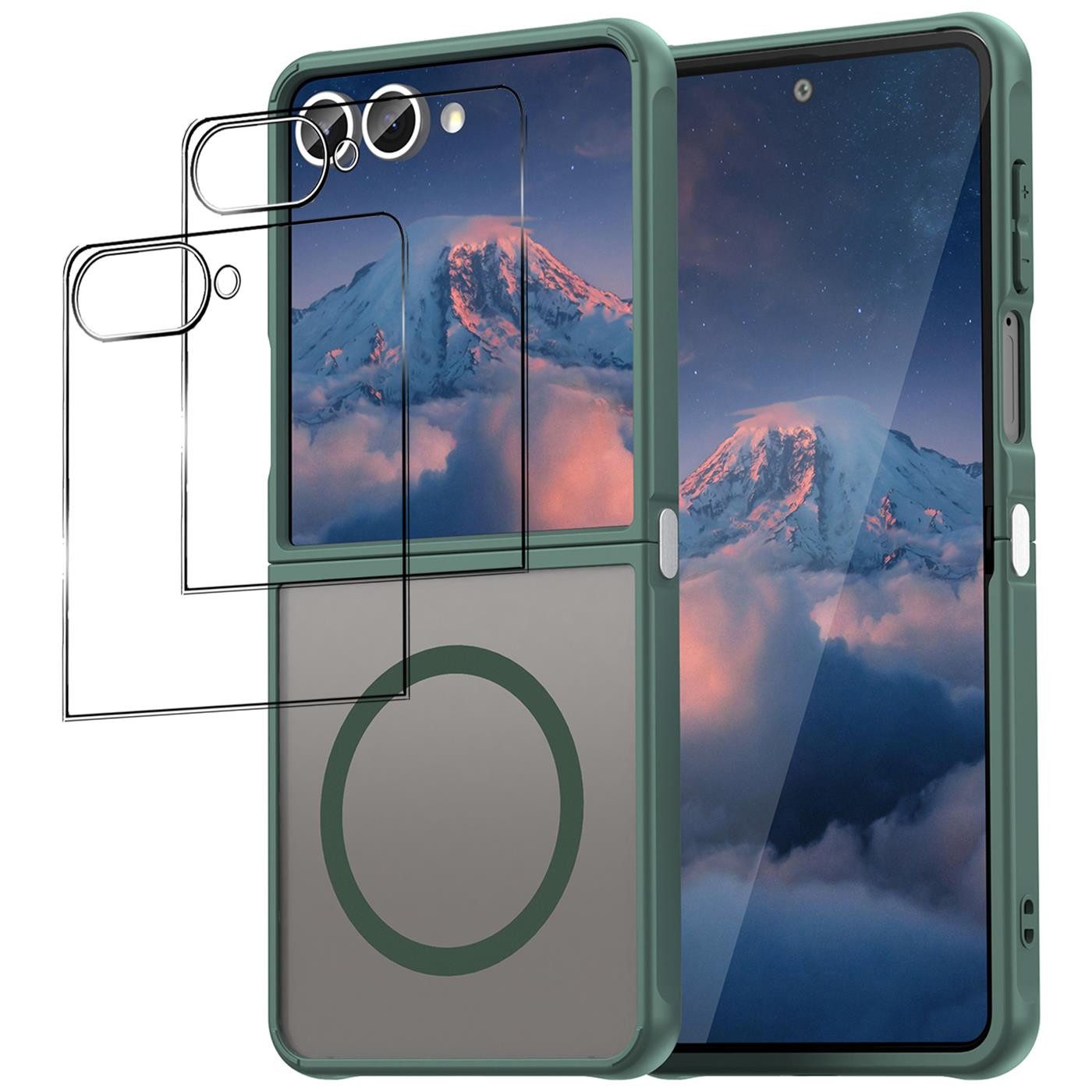 CoolGadget Handyhülle Grün als 2in1 Schutz Cover Set für das Samsung Galaxy Z Flip 7 6,9 Zoll / 4,1 Zoll, 2x Glas Display Schutz Folie + 1x Hard Case Hülle für Galaxy Z Flip 7