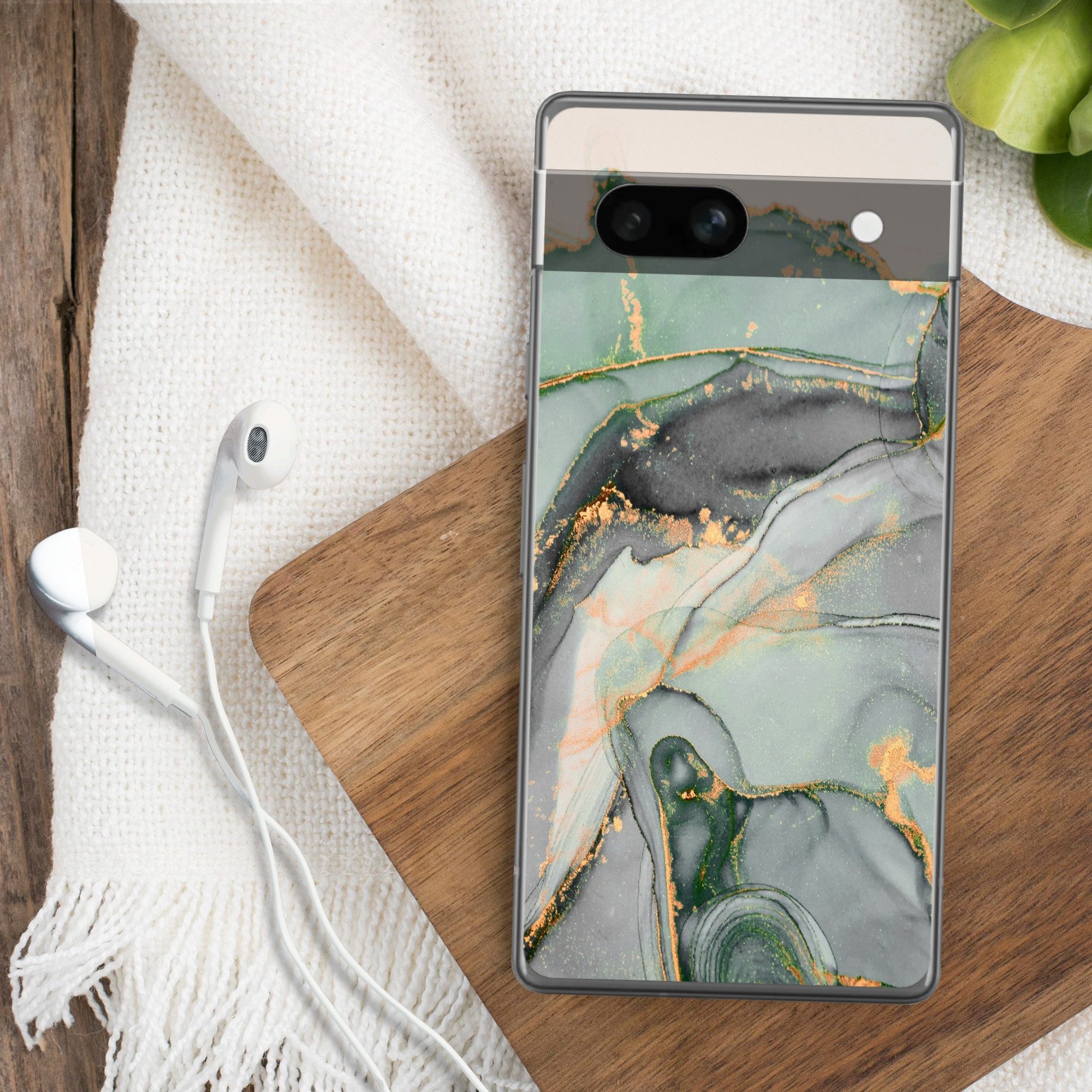MuchoWow Handyhülle für Google Pixel 7a Gold - Marmor - Grün - Luxus - Glitzer - Marmoropt, Handy Case, Silikon, Bumper Case Dünn