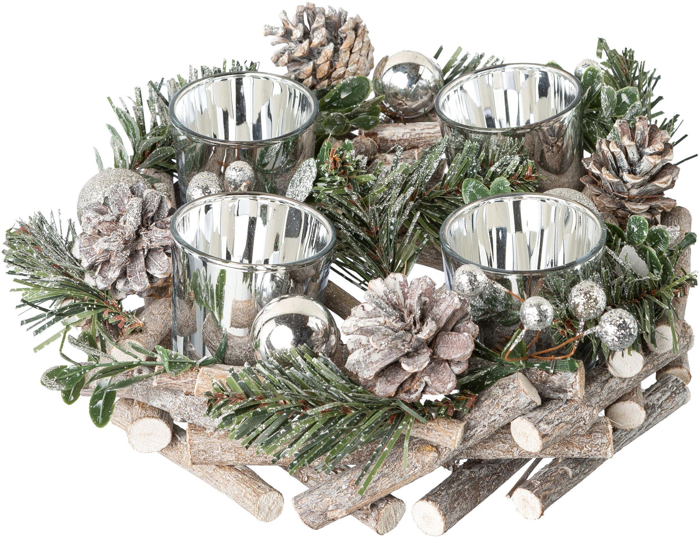 Creativ deco Adventskranz Weihnachtsdeko, mit Kugeln, Zapfen und Beeren,  für Teelichter, Ø 23 cm | Kunstkränze
