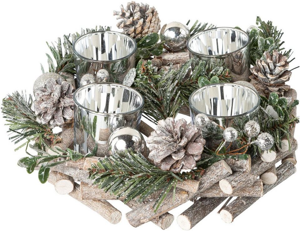 Creativ deco Adventskranz Weihnachtsdeko, mit Kugeln, Zapfen und Beeren,  für Teelichter, Ø 23 cm