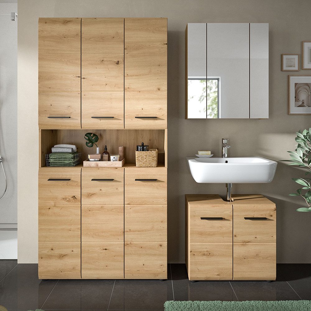 Lomadox Badmöbel-Set IGGESUND-158, (Spar-Set, 3-St., Hochschrank Spiegelschrank Waschbeckenunterschrank), in Eiche