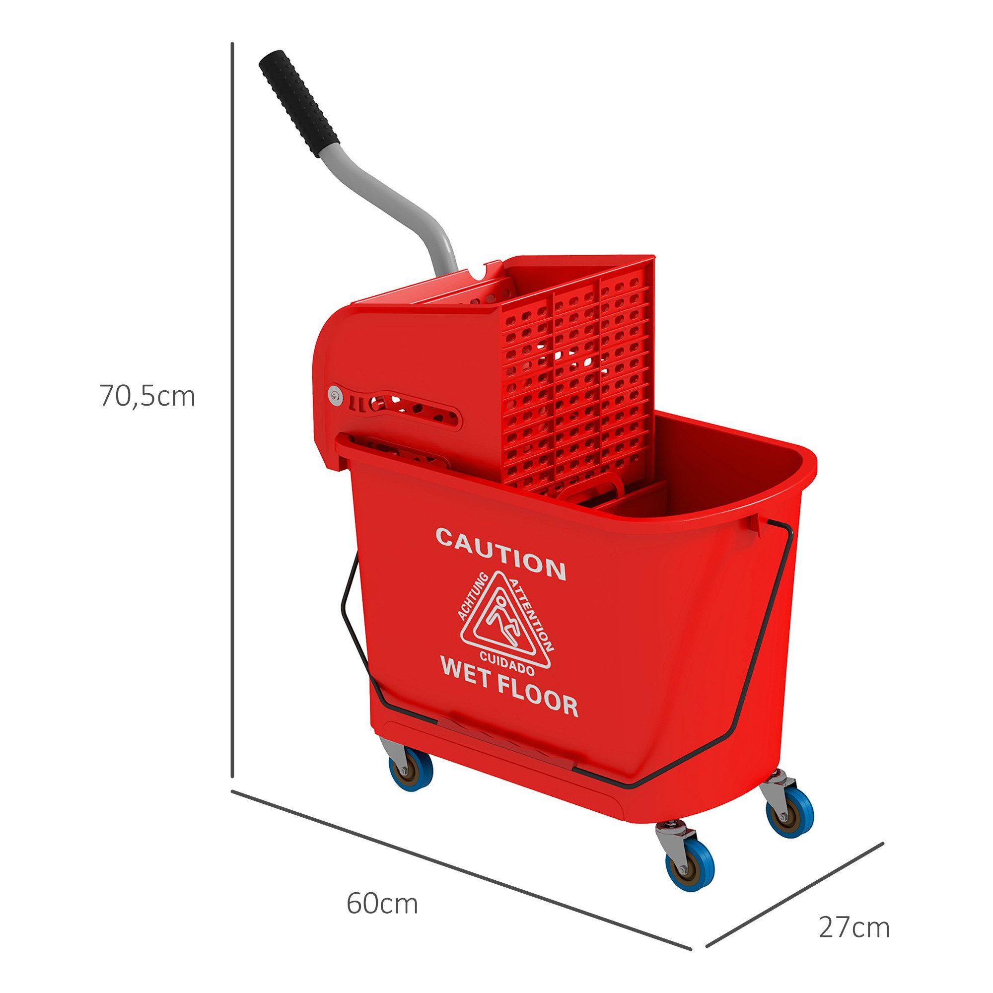 HOMCOM Putzeimer Reinigungswagen mit Wischmopp, 20 L Eimer, mit Trennwand, (Wischwagen, 1-tlg., Putzwage), mit Presse 2 Kammern Rot