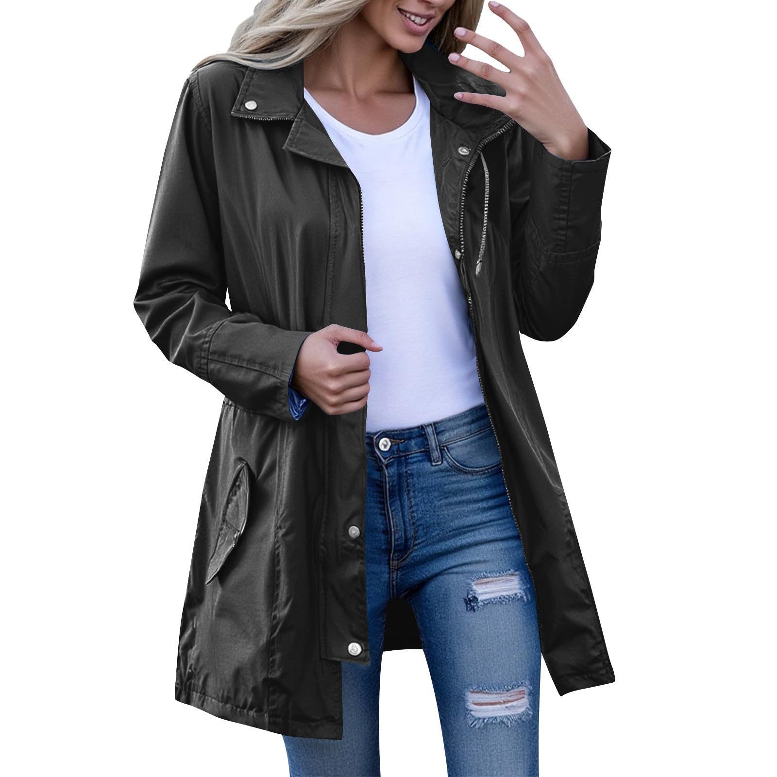 MOPUEA Regenjacke Damen-Windjacke mit Streifenfutter und Kapuze, wasserdichte Regenjacke