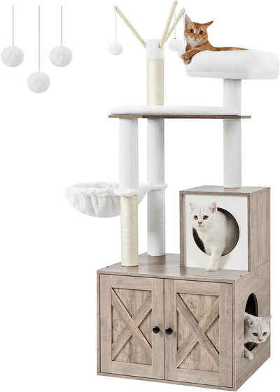Caldine Kratzbaum mit Katzenklo-Schrank, 2-in-1 Design-Katzenbaum, 4-Etagen, mit Sisalstämmen und drei abnehmbaren Plüschbällen