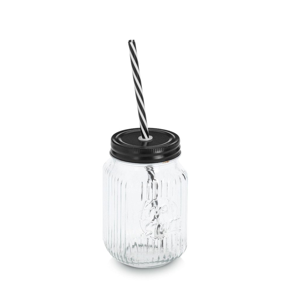 Zeller Present Glas Trinkglas mit Metalldeckel u. Strohhalm, Glas/Metall/Kunststoff(PVC+PP Strohhalm), 480 ml