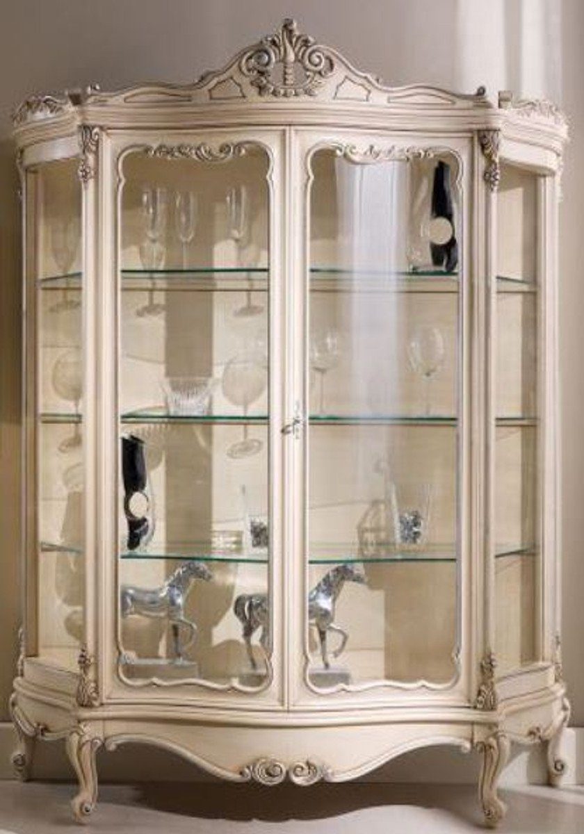 Casa Padrino Vitrine Luxus Barock Vitrine Creme / Silber 146 x 50 x H. 190 cm - Prunkvoller Barock Vitrinenschrank mit 2 Glastüren - Barock Wohnzimmer Möbel | Vitrinenschränke
