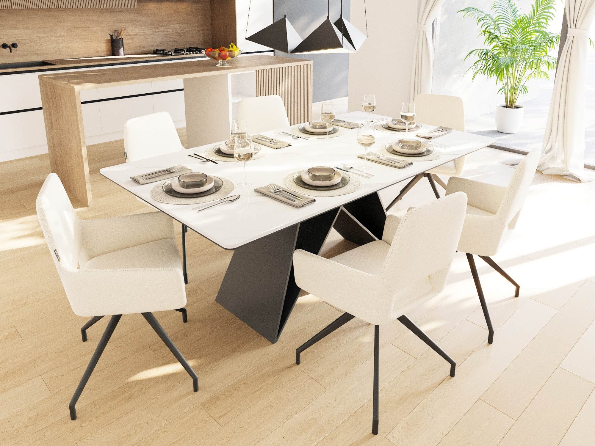 Magnolia Home Esszimmer-Set Esstisch Set COMODI 180 weiße Keramikplatte mit 6 Stühlen Stoffbezug b