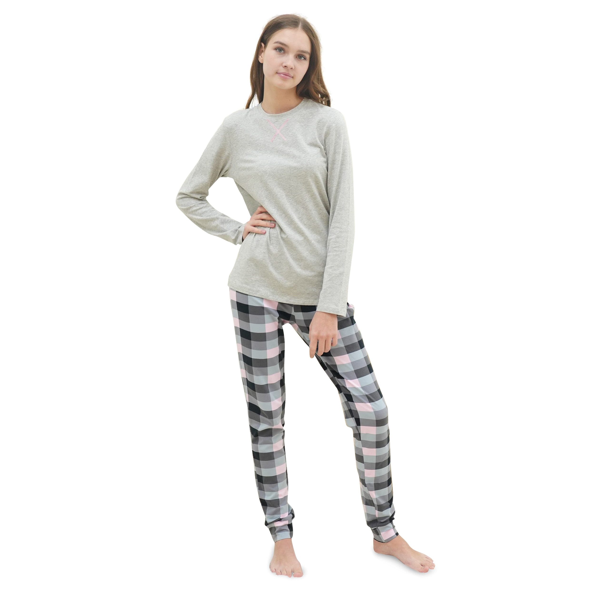 LOREZA Pyjama Mädchen Schlafanzug zweiteilig Set Langarm - Basic Kariert (Set, 2 tlg)