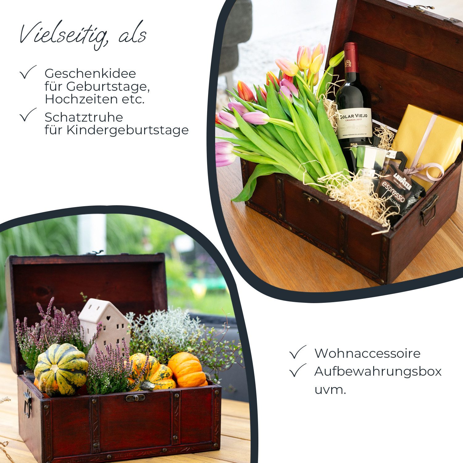 HMF Schatzkiste Handgefertigte Holztruhe Portugal, Schatzkiste mit dekorativem Metallschloss im Antik-Look 30x20x15 cm