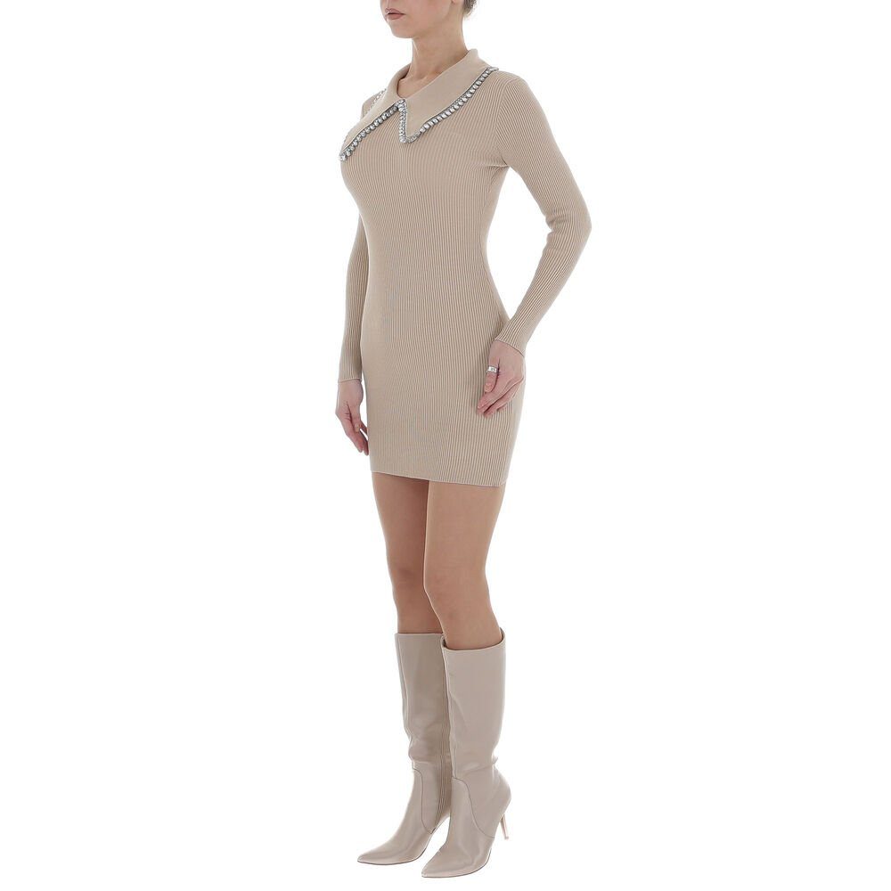 Ital-Design Strickkleid Damen Party & Clubwear Strass Stretch Strickoptik Minikleid in Beige