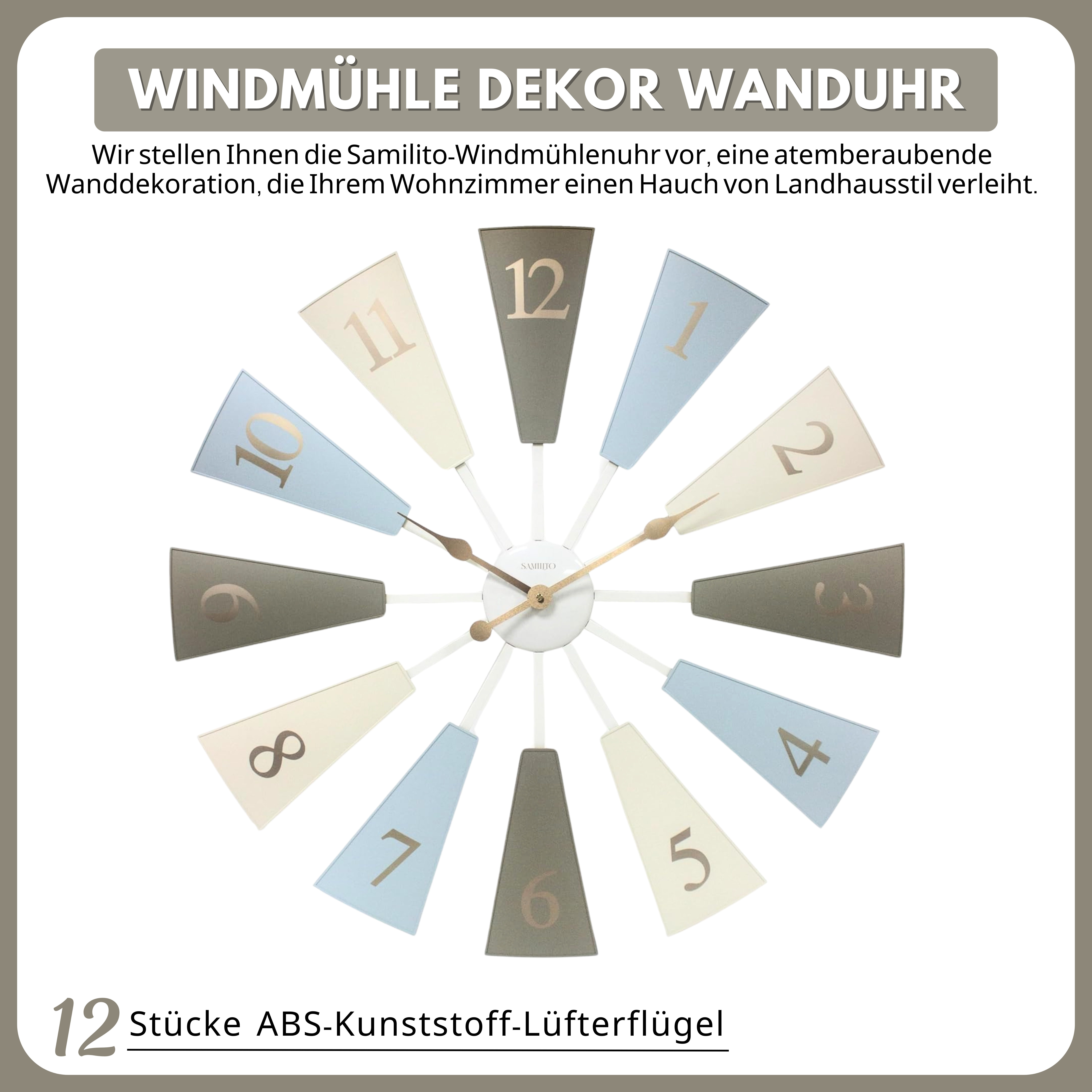 Samilito Wanduhr Große Moderne Bauernhaus-Windmühlen-Dekor-Wanduhr, verstellbare Größe