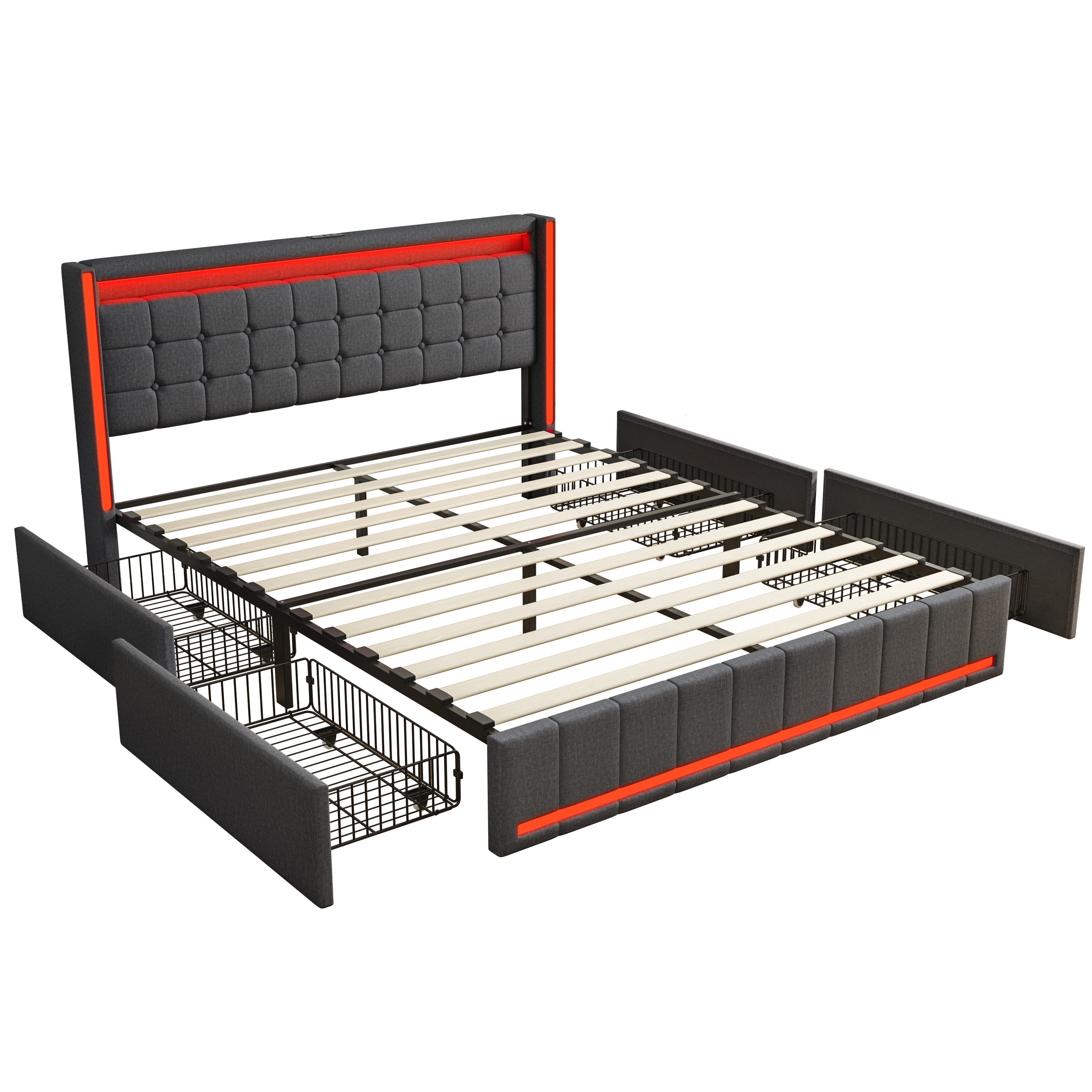 Simurq Polsterbett Stauraumbett Doppelbett mit LED Beleuchtung und Ladefunktion (Mit Komforthöhe Lattenrost, Leises Design Bett), Jugendbett 4 Schubladen Staura – Bild 4 von 5