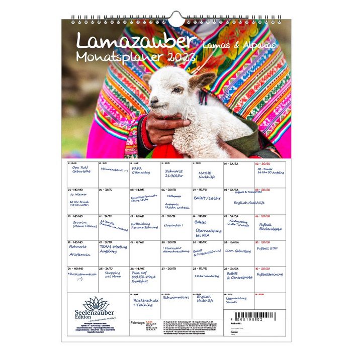Seelenzauber Wandkalender Lamazauber Planer DIN A3 - Kalender für 2023 Lama Alpaka - Seelenzaube