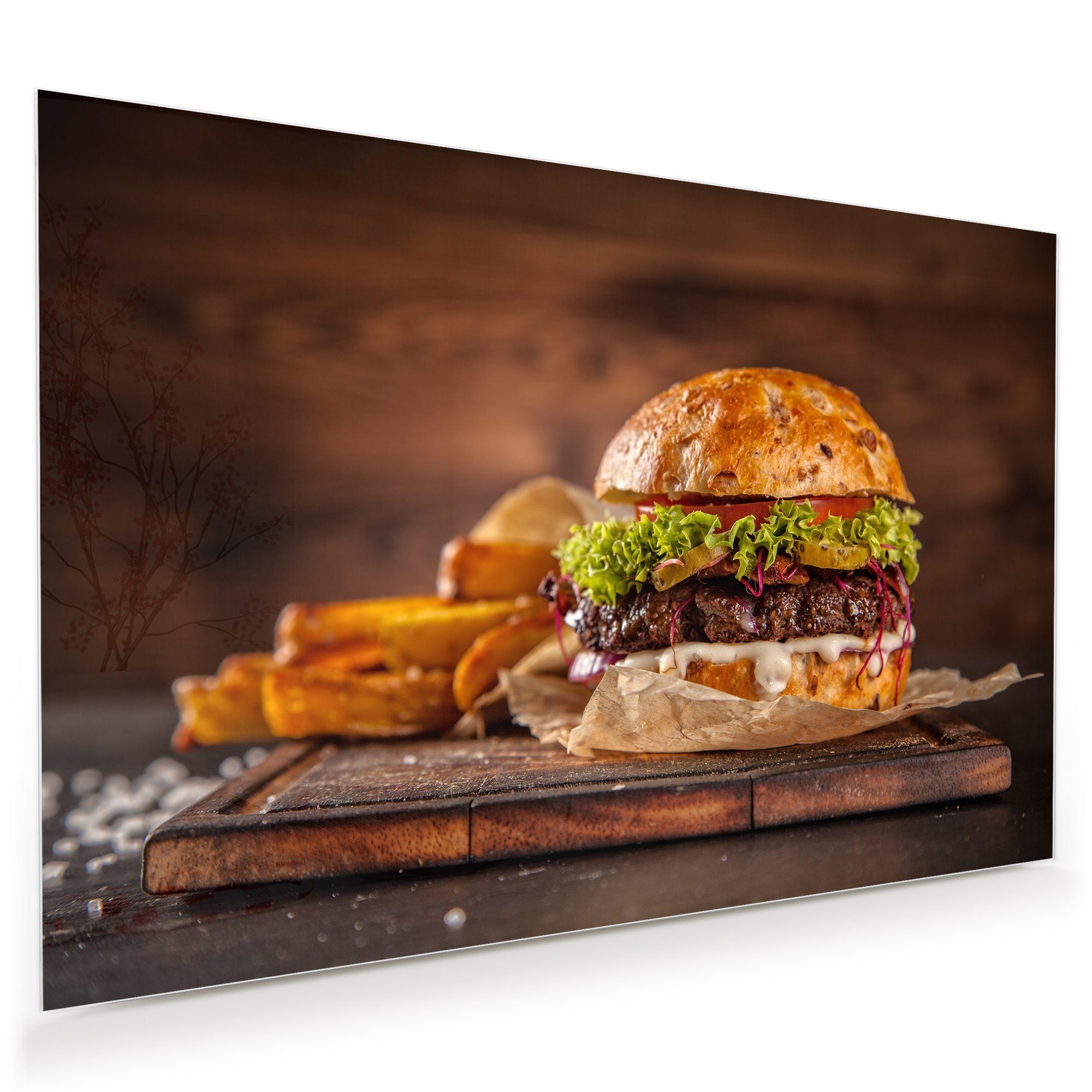 Primedeco Glasbild Wandbild Burger und Kartoffelschnitze mit Aufhängung