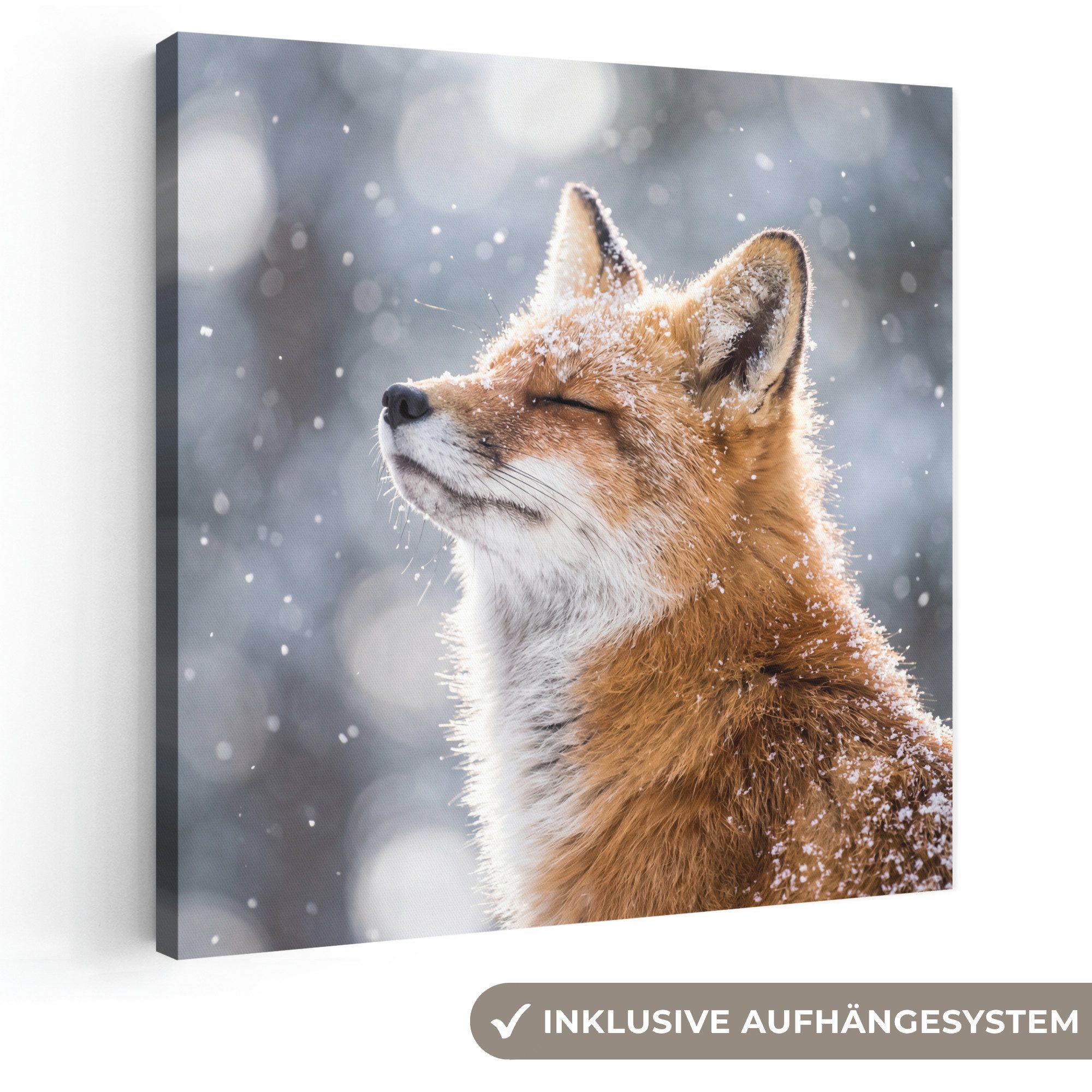 OneMillionCanvasses® Leinwandbild Fuchs - Schneefall - Porträt - Winter - Atmosphärisch, Fotodruck (1 St), Wandbild, Deko Schlafzimmer Wohnzimmer Flur 20x20 cm