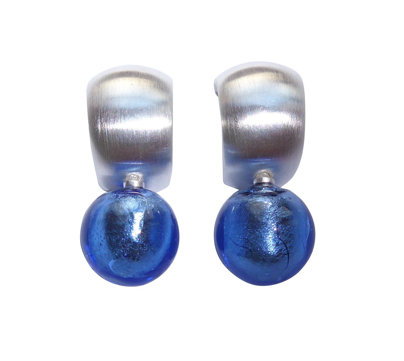 Mugello Paar Ohrclips Murano Clips Creole taubenblau Sterlingsilber hochwertig chic, Creole Goldschmiedearbeit aus Deutschland, Perle echtes Muranoglas