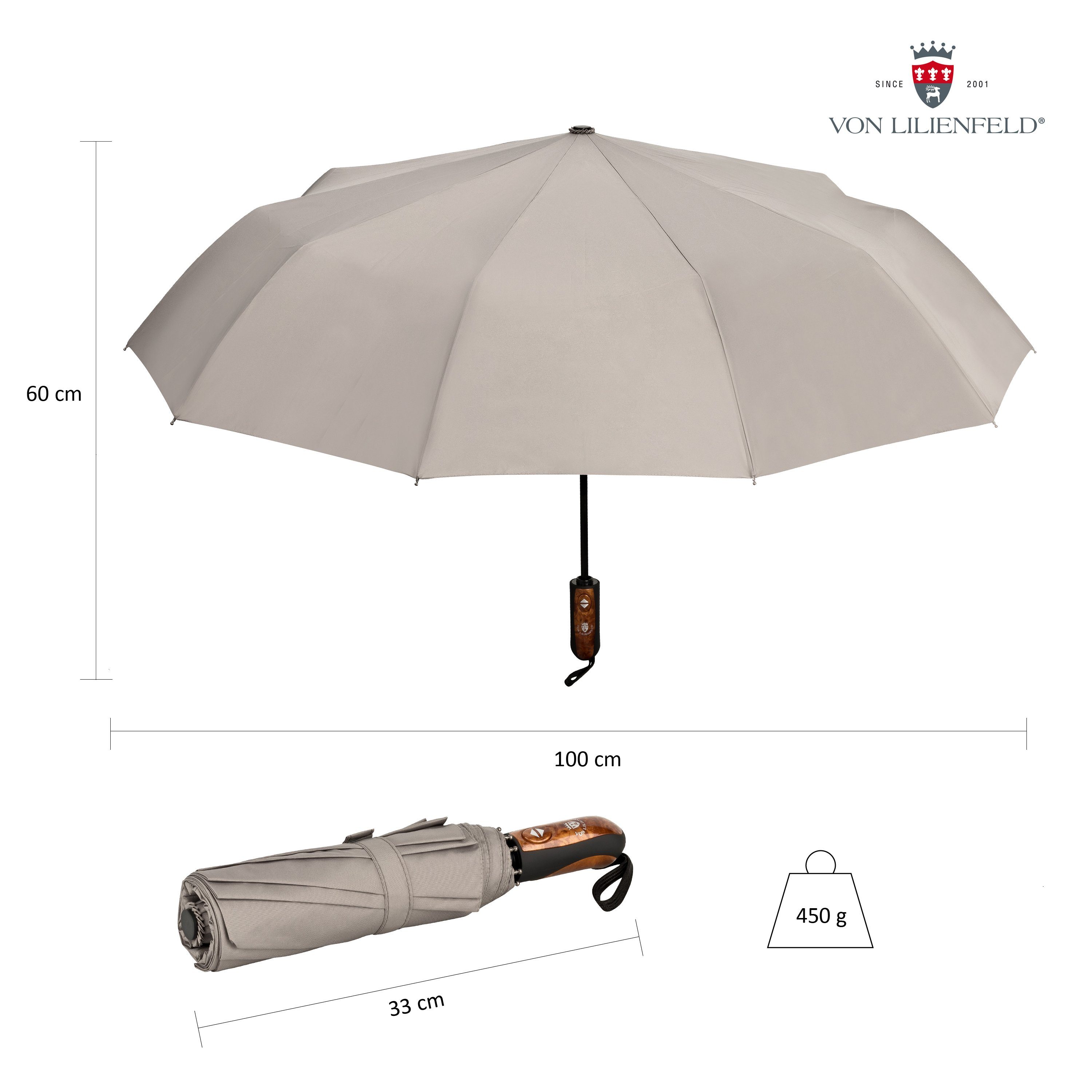 von Lilienfeld Taschenregenschirm Schirm Clark Teflonbeschichtung, Reise-Etu grau extrem wasserabweisend, Auf-Zu-Automatik schnelltrocknend mit