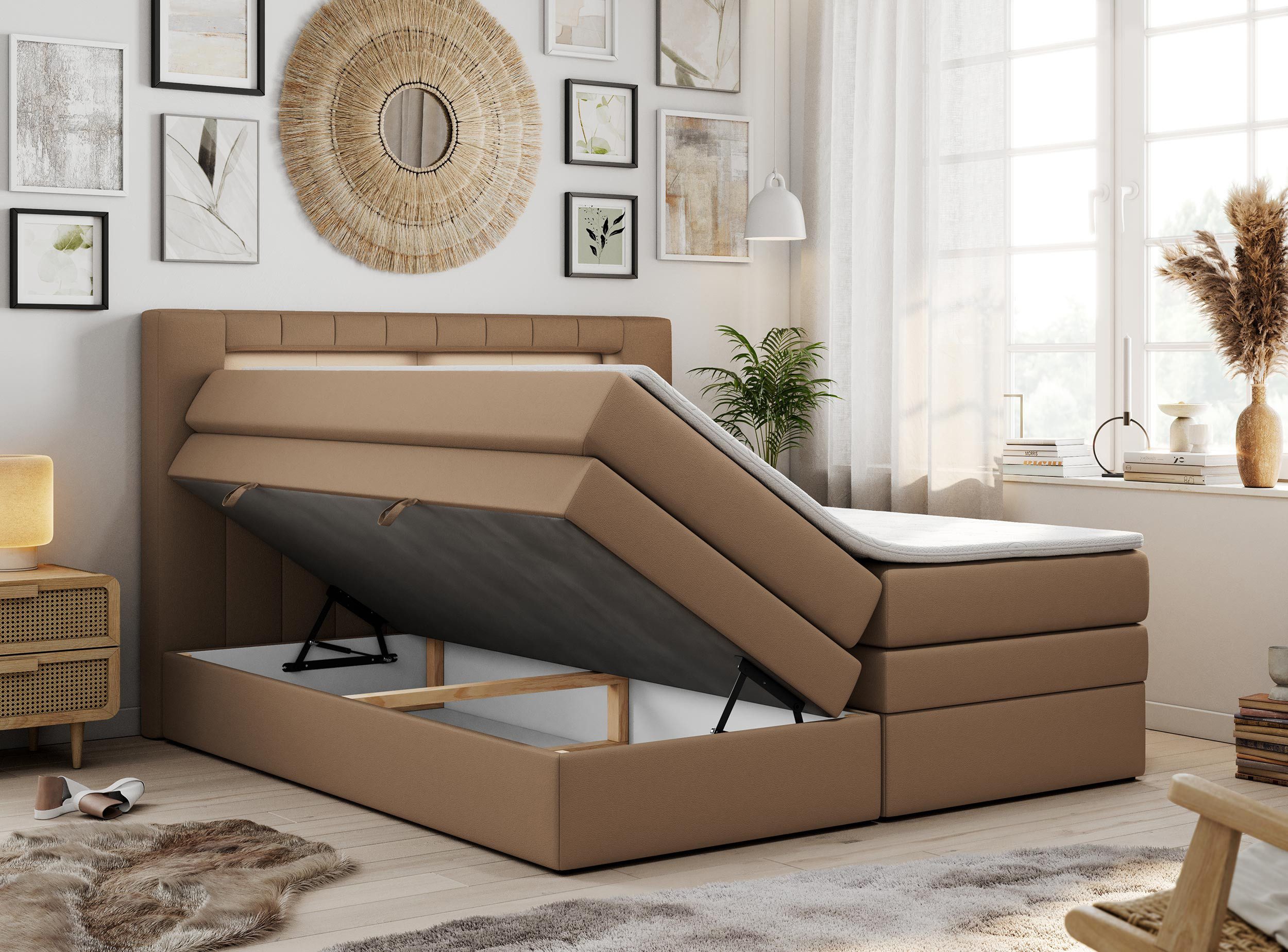 MKS MÖBEL Boxspringbett GOLD 5 KING (T30-Schaum, Topper T25/Visco, Doppelbett), Polsterbett mit Bettkasten und fünf Matratzen - Stauraumbett