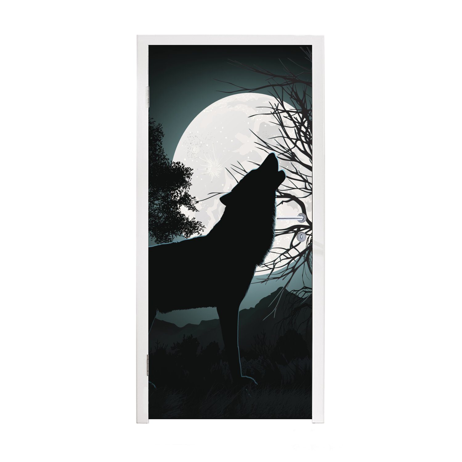 MuchoWow Türtapete Wolf - Scherenschnitt - Mond, Matt, bedruckt, (1 St), Fototapete für Tür, Türaufkleber, 75x205 cm