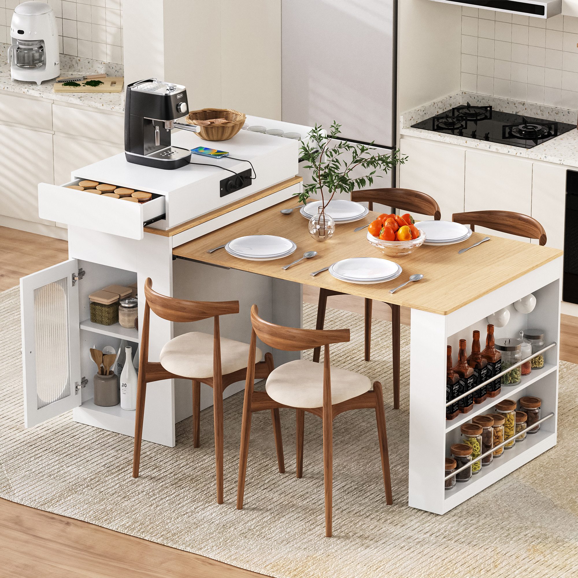 Odikalo Kücheninsel mit faltbarer Tischplatte Steckdosenleisten und Haken, (dient als Kücheninsel, Sideboard oder Bartisch für Küche und Esszimmer)