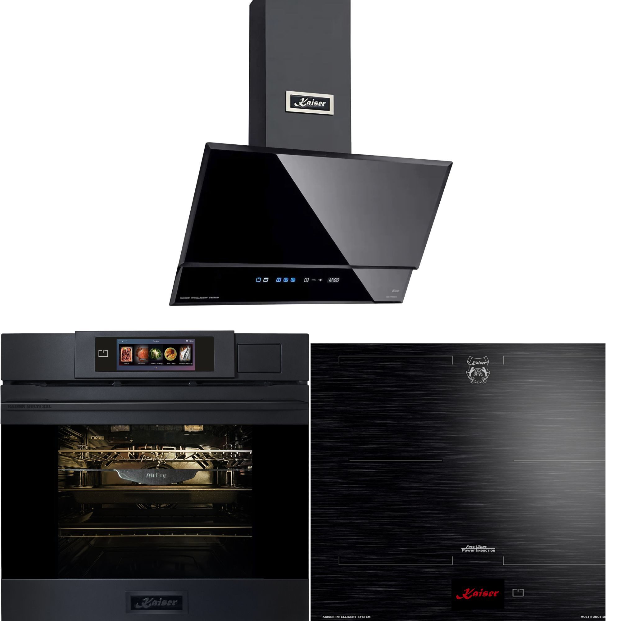 Kaiser Küchengeräte Backofen-Set Herd Set Autark Einbaubackofen XXL Multi 37,Multifunktions-Elektro-Dampfbackofen mit Dampfreinigung, 60 cm+Induktionskochfeld 60 cms • TFT Display 4 Induktions-Kochzonen (Booster) davon 2 FlexInduktions-Zonen+Dunstabzugshaube 60 cm, Schwarz Glas, 1250 m³/h, TouchControl EH 6341+KCT 6140 FI+AT 6410 F ECO, mit 1-fach-Teleskopauszug
