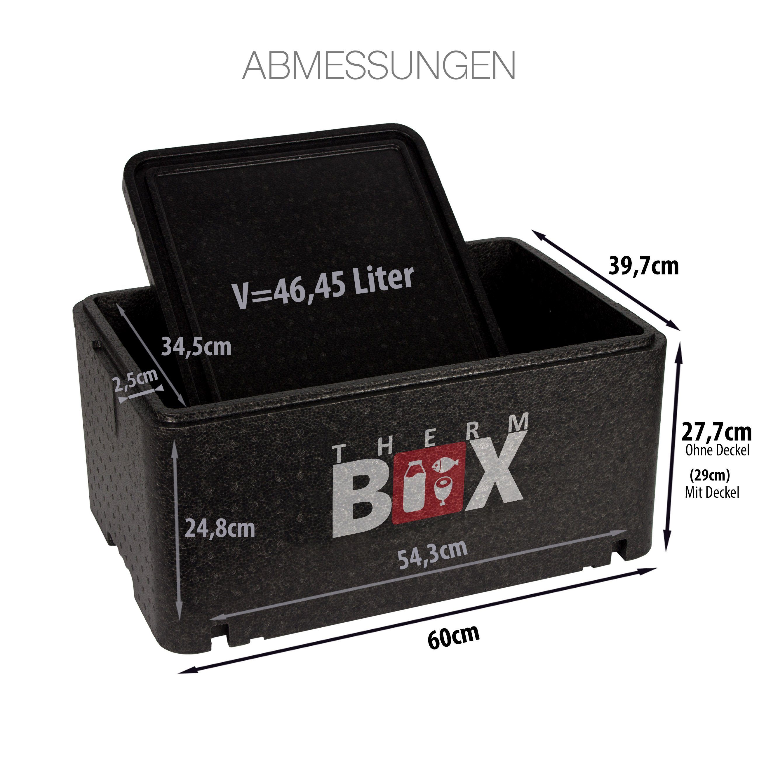 0-tlg., mit Kühlbox Thermobehälter Styropor-Piocelan, Thermobox (1, Styroporbox 2,5cm Wand: im Deckel Profibox Box Warmhaltebox Isolierbox Wiederverwendbar, THERM-BOX 54x34x24cm Karton), Innenmaß: 46,5L GN1
