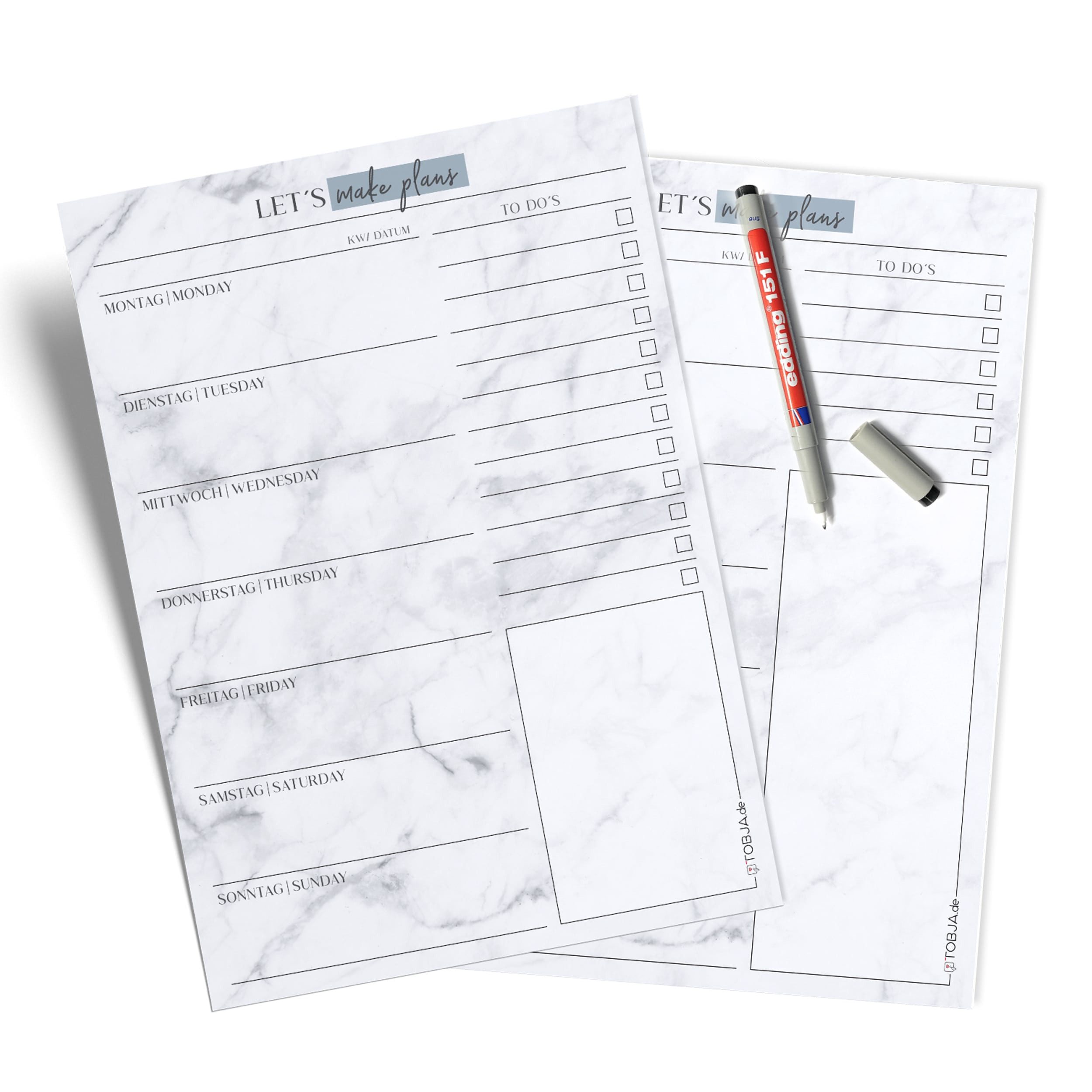 TOBJA Terminplaner Menüplaner A4 "Folie" Blatt wiederbeschreibbar + Stift, Essensplaner abwischbar inkl. Markenstift