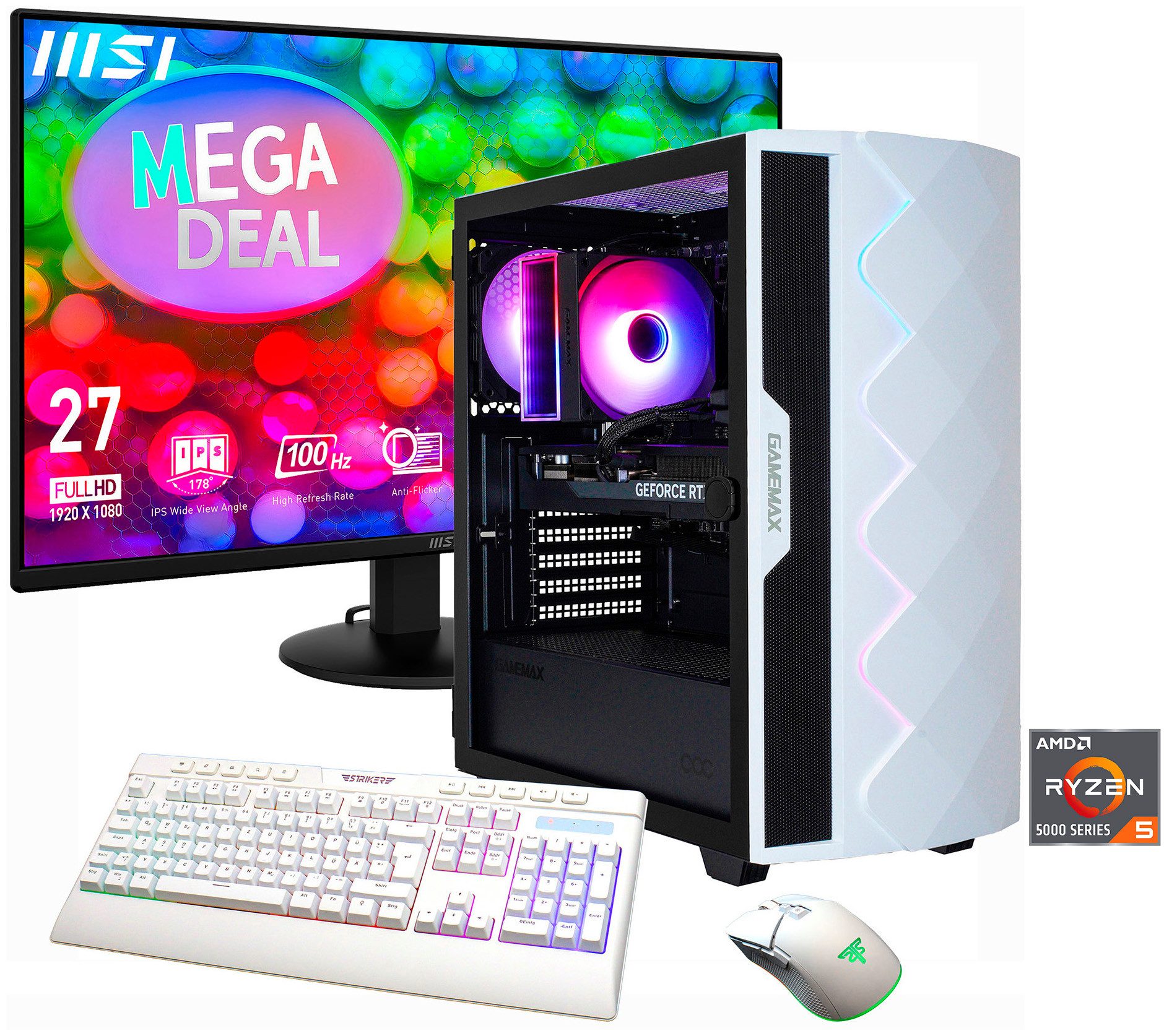 GAMEMAX MegaDeal Diamond WT 2818 AMD Ryzen 5 5500 16GB 480GB SSD RTX 5050 Gaming-PC-Komplettsystem (27", AMD Ryzen 5 5500, RTX 5050, 16 GB RAM, 480 GB SSD, Windows 11 + MSI PRO MP272L LCD-Monitor, 68,6cm (27)
