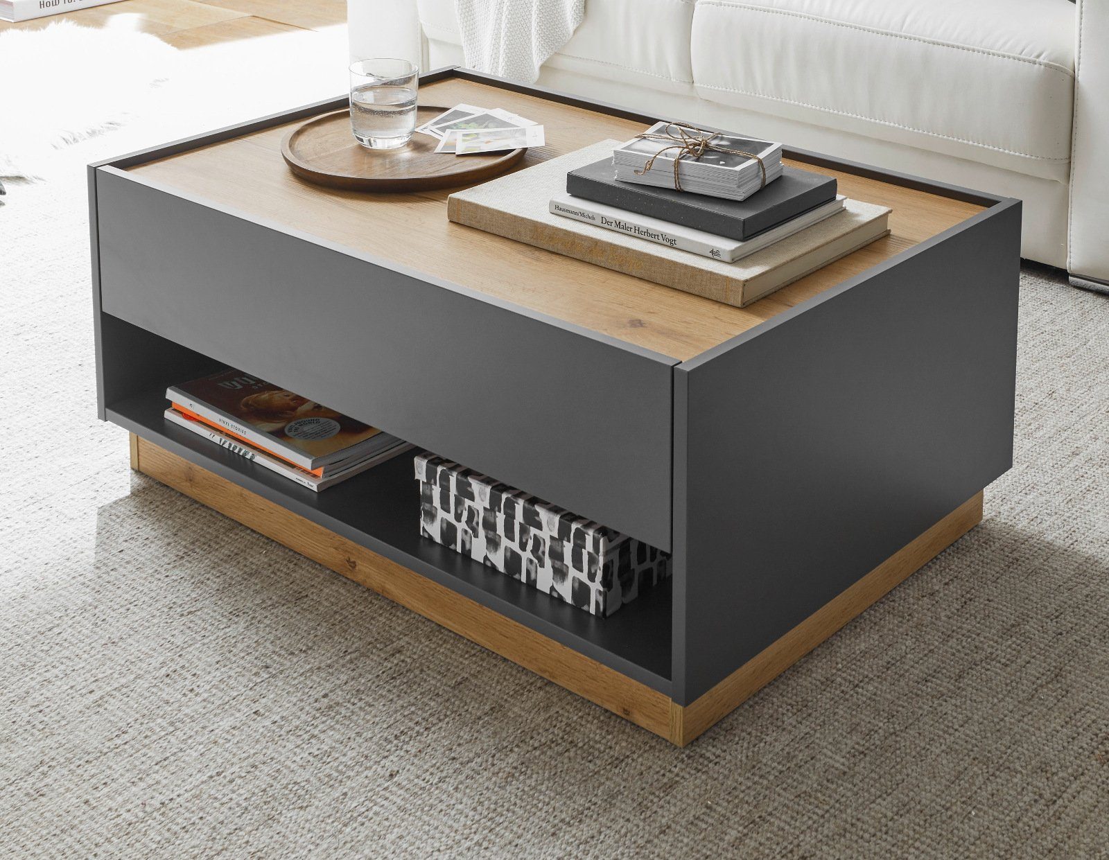 Furn.Design Couchtisch Wotan x Eiche (in cm), 60 und und grau, Stauraum 90 mit Schublade Center