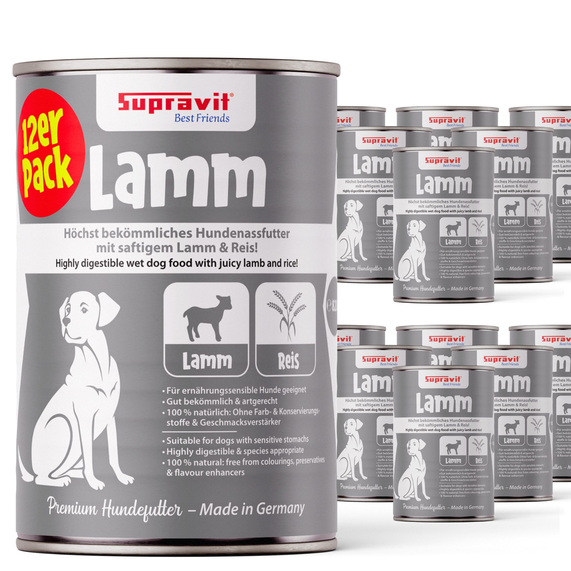 Supravit Nassfutter für Hunde 12 x 410g Dosen - Schmackhaftes Hundefutter nass Lamm&Reis, Nassfutter für: Hund