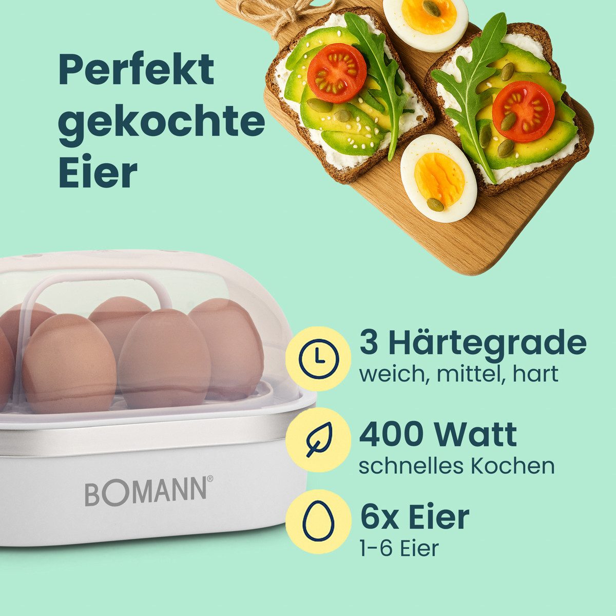 BOMANN Eierkocher EK 5022 CB, Eierkocher 6 Eier, inkl. Messbecher und Eipicker