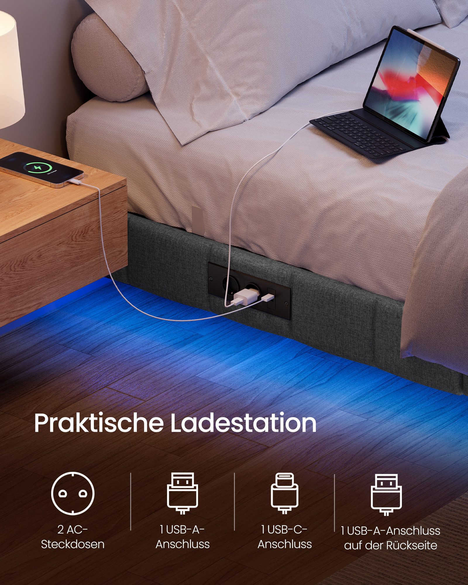 VASAGLE Polsterbett, Bettrahmen, mit LED-Beleuchtung, Bettgestell, schwebender Effekt
