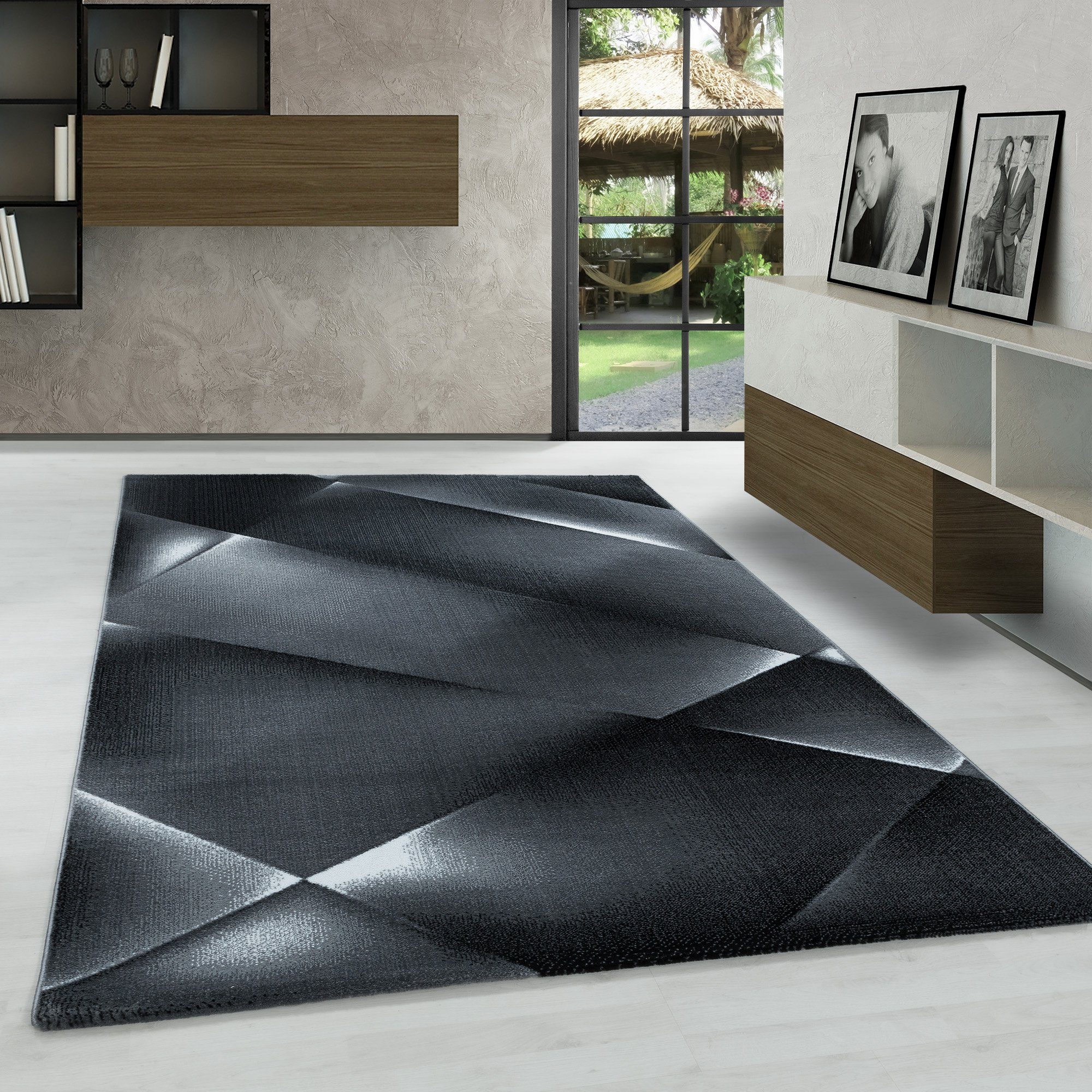Designteppich Abstrakt Design, Carpetsale24, Läufer, Höhe: 9 mm, Kurzflor Teppich Abstrakt Design Teppich Schwarz Teppich Wohnzimmer