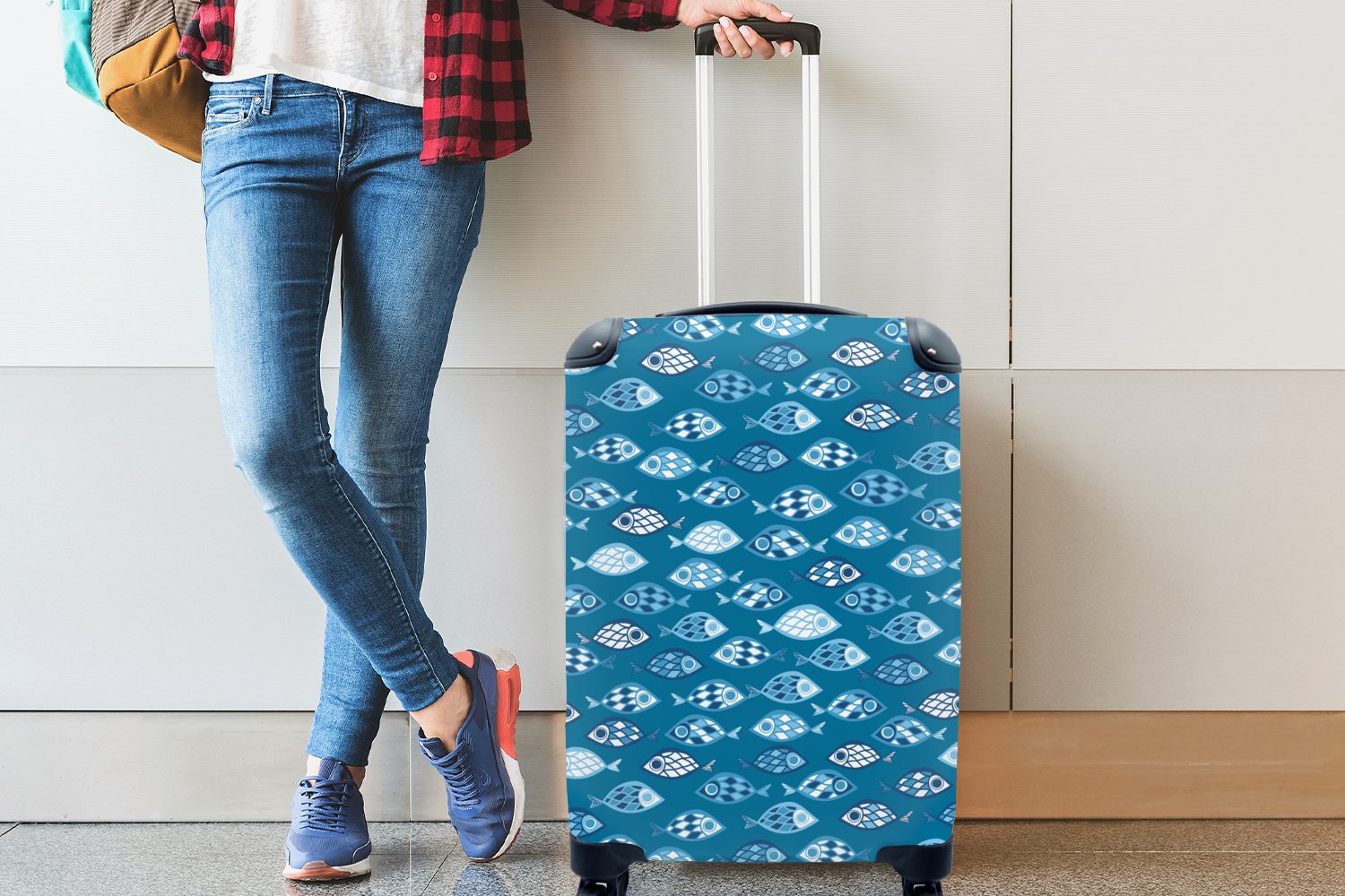 MuchoWow Handgepäckkoffer Fisch - Blau rollen, Trolley, Ferien, Rollen, Muster, Reisekoffer mit 4 - Handgepäck für Reisetasche