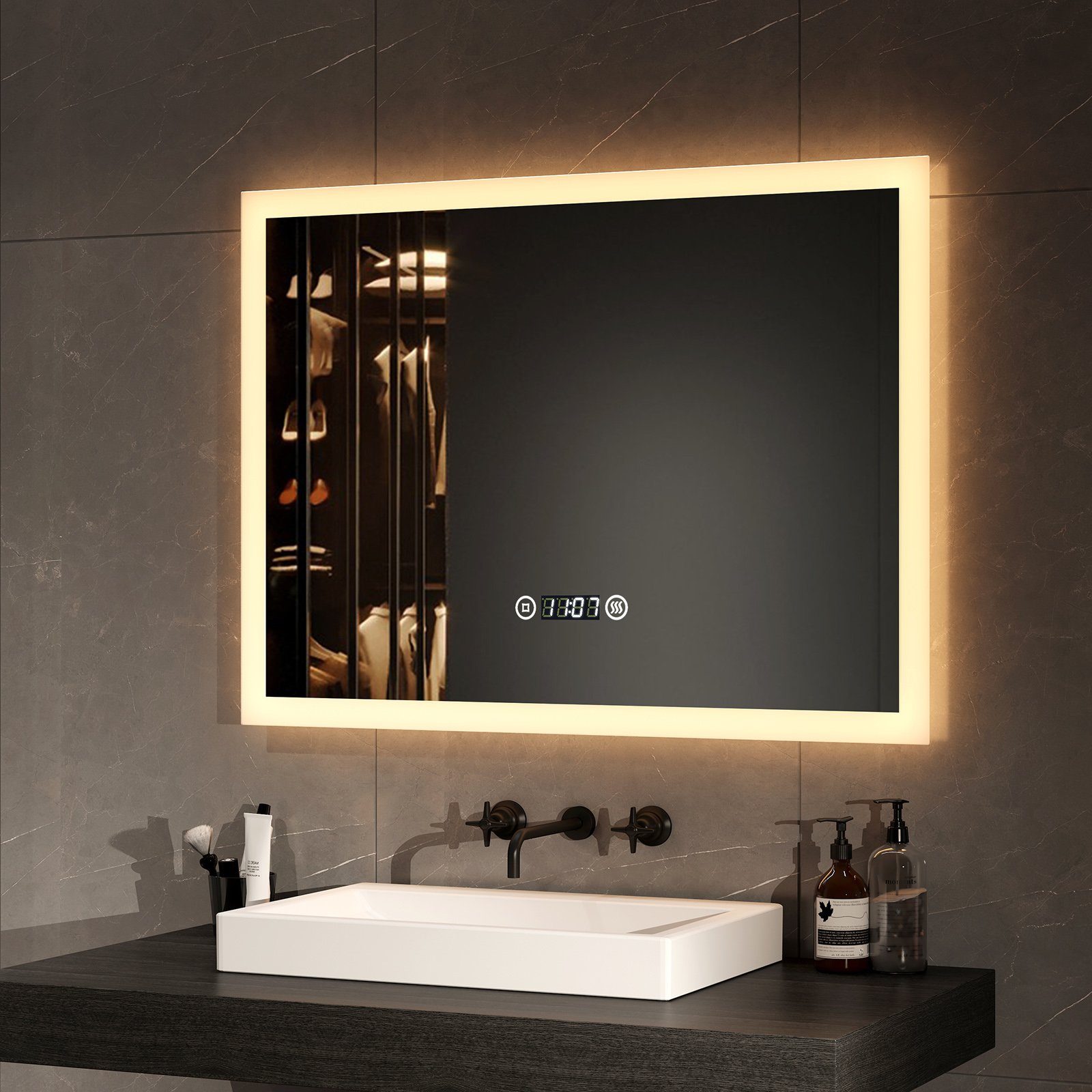 Badezimmerspiegel mit Licht Wandspiegel, Badspiegel Touchschalter Beleuchtung Badspiegel Beschlagfrei Uhr LED Warmweißes EMKE