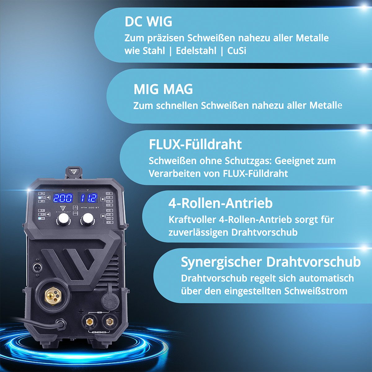 STAHLWERK Inverterschweißgerät Kombi Schweißgerät MTM-200 ST 3-in-1 200 A WIG MIG MAG MMA FLUX, 10 - 200 A, Packung}, 12-tlg., Einzelgerät, mit 200 A und synergischem Drahtvorschub