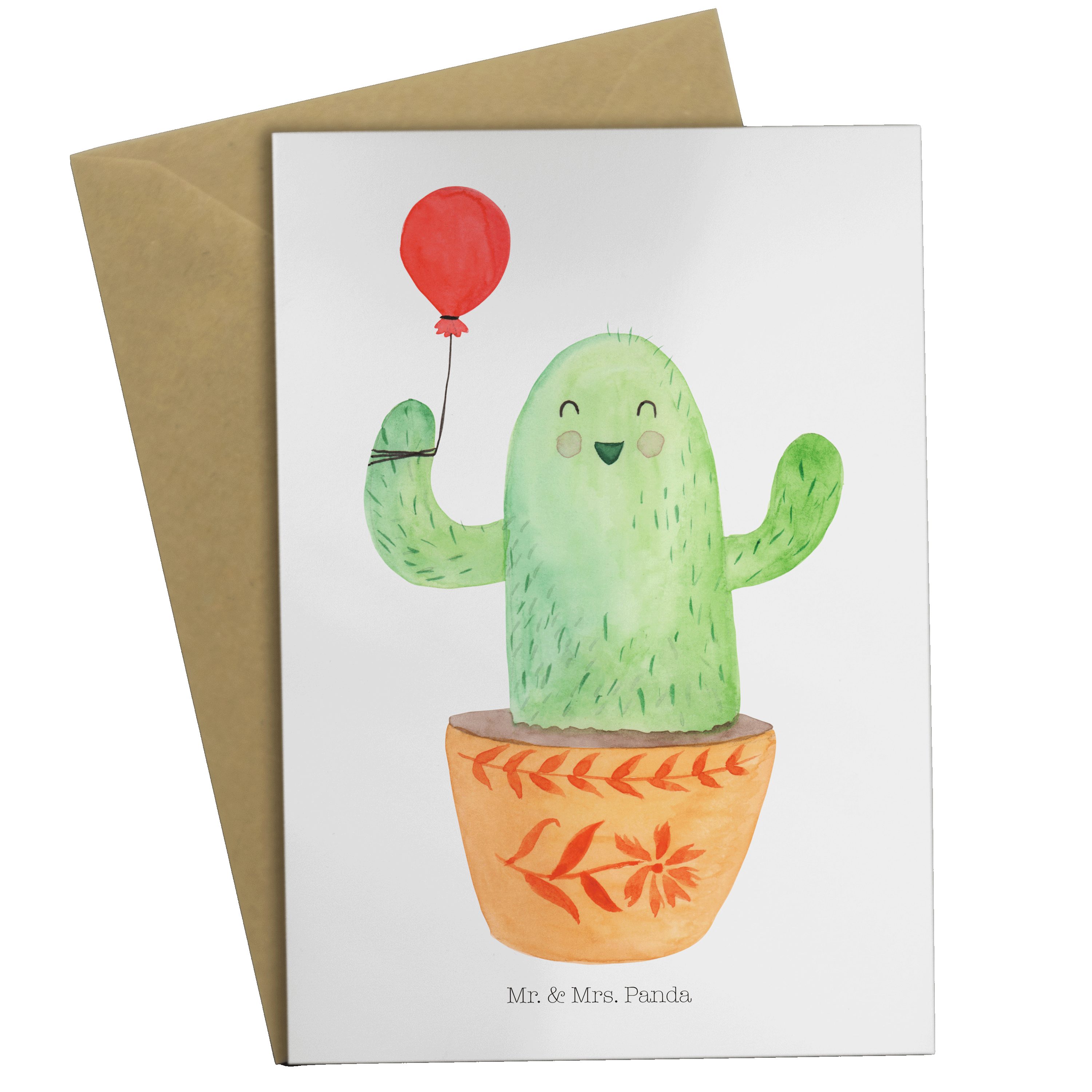 Mr. & Mrs. Panda Grußkarte Kaktus Luftballon - Weiß - Geschenk, Karte, Einladungskarte, Kakteen